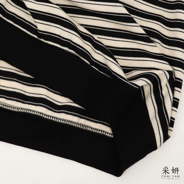 【CHAI YAN 采妍】水鑽小馬橫條翻領短袖上衣(春夏女裝/中大尺碼/專櫃/寬鬆/透氣)
