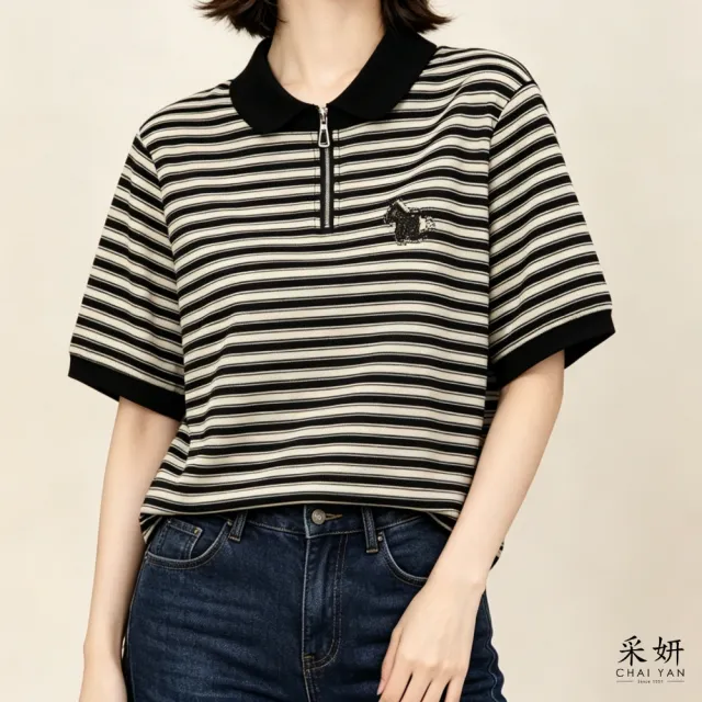 【CHAI YAN 采妍】水鑽小馬橫條翻領短袖上衣(春夏女裝/中大尺碼/專櫃/寬鬆/透氣)