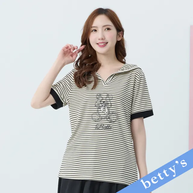 【betty’s 貝蒂思】條紋海軍領短袖綉小熊上衣(條紋黑)