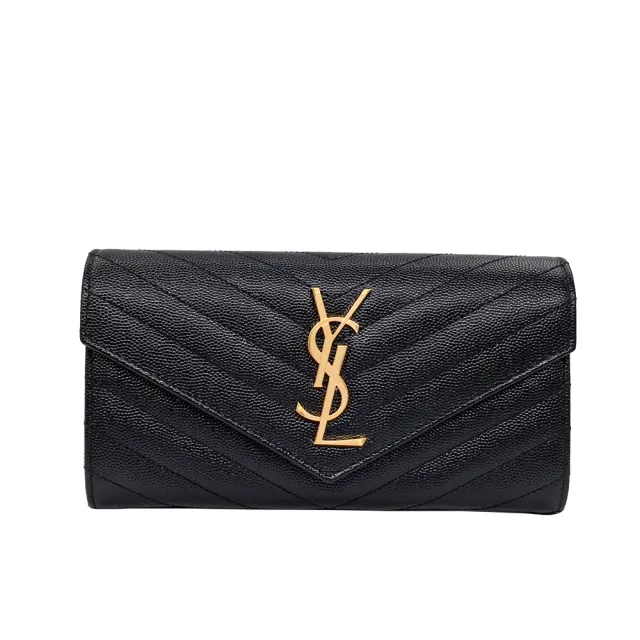 【YSL】372264 黑 金字(V紋荔枝牛皮 扣式長夾)