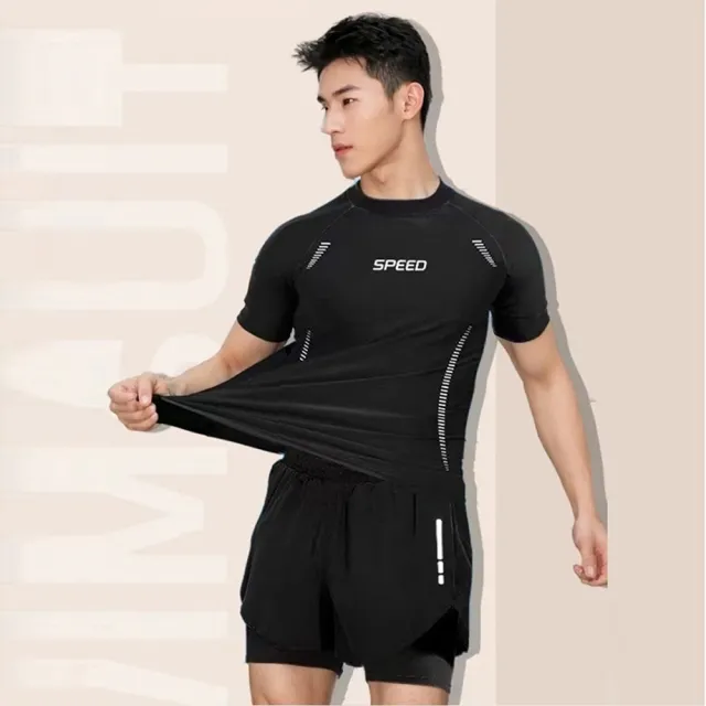 【ANTIAN】男士速乾泳衣套裝 沙灘褲 男水母衣 溫泉衣 健身運動服 上衣+泳褲