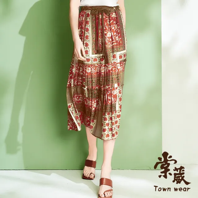 【TOWN’WEAR 棠葳】涼感波西米亞風長裙 - 附腰帶(女下身/女下著/裙子/腰頭彈性/涼感/休閒/氣質)
