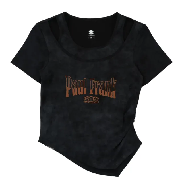 【Paul Frank 大嘴猴】女 T恤 上衣 休閒短袖 假兩件 抽皺繡花T 黑(P6221492-20)