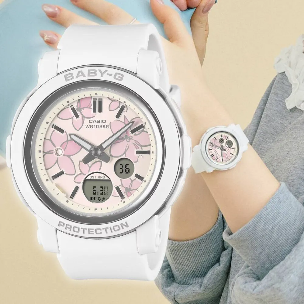 【CASIO 卡西歐】BABY-G BGA-290FL-7A 精緻花朵閃耀水晶雙顯腕錶 白 41.5mm
