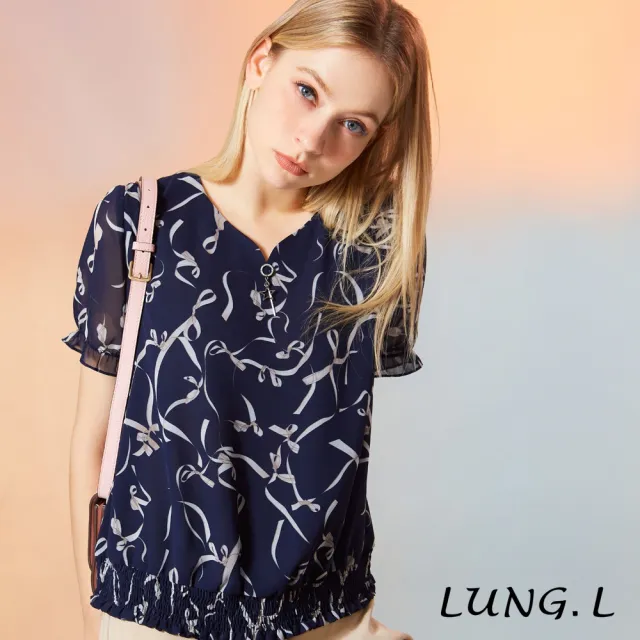 【LUNG.L 林佳樺】LW23A 深藍緞帶印花桃形領雪紡短袖女裝上衣(加大尺碼)
