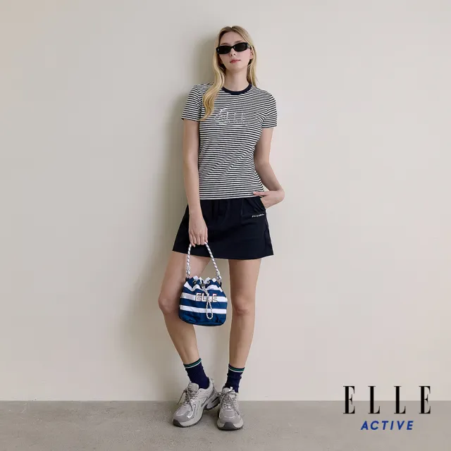 【ELLE ACTIVE】女款 品牌Logo條紋圓領短袖T恤-深藍色(EA26S5W1603-39)