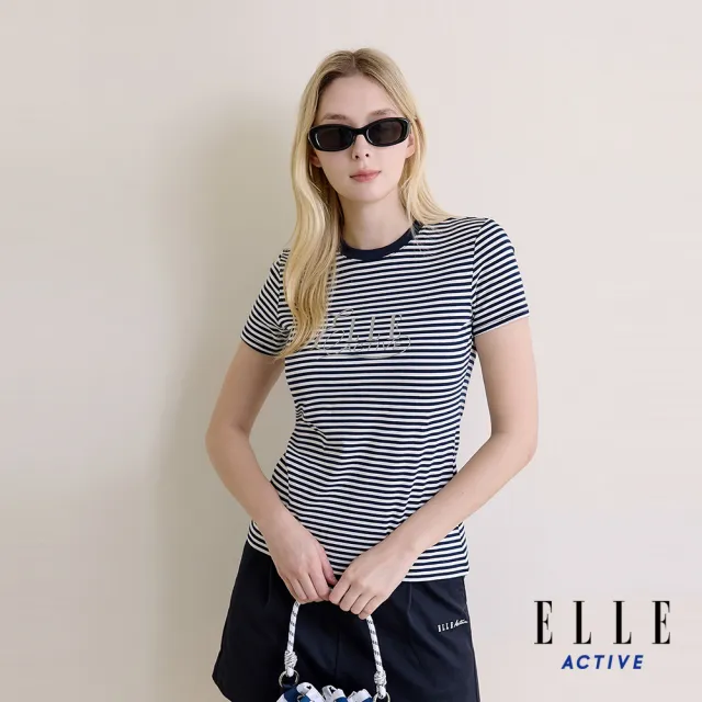 【ELLE ACTIVE】女款 品牌Logo條紋圓領短袖T恤-深藍色(EA26S5W1603-39)