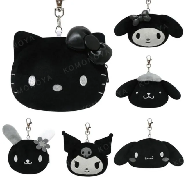 【小禮堂】Sanrio 三麗鷗 絨毛玩偶伸縮票卡零錢包 黑白風格款 Kitty 美樂蒂 布丁狗 花小兔