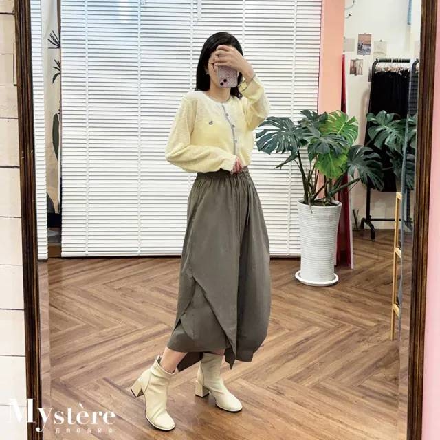 【my stere 我的時尚秘境】不規則設計感花苞綁帶長裙 灰綠 花苞裙 尼龍裙 工裝裙 休閒長裙 綁帶裙