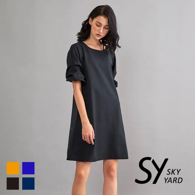 【SKY YARD】網路限定款-都會休閒素色抓摺五分袖短袖洋裝-黑色