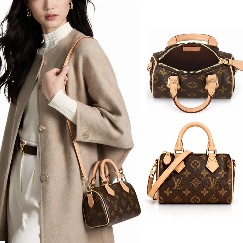 【Louis Vuitton 路易威登】M81085 經典 NANO SPEEDY帆布手提/斜背波士頓包(卡其)