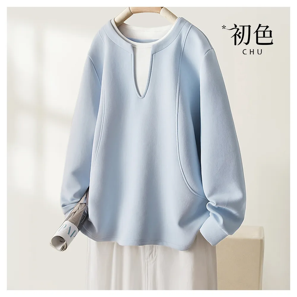 【初色】寬鬆純色正肩V領長袖T恤大學T上衣女上衣-藍色-38094(M-2XL可選)