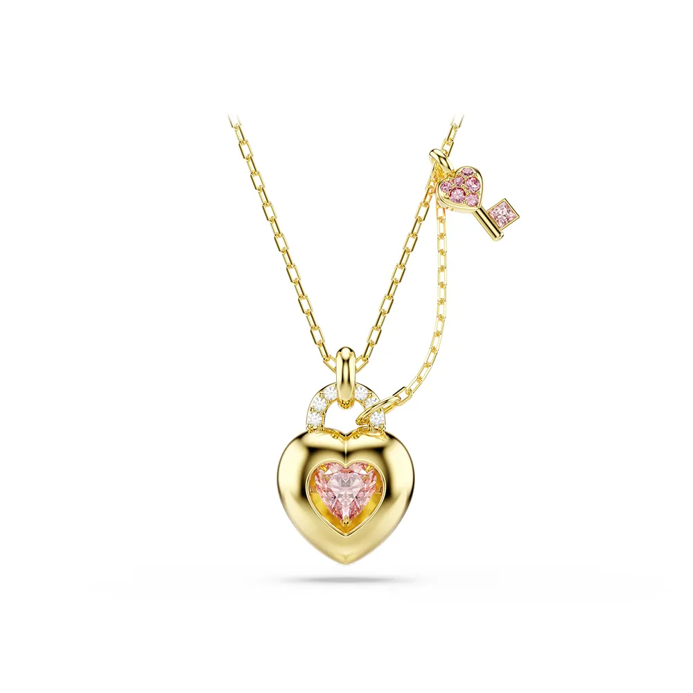 【SWAROVSKI 施華洛世奇】官方直營 Idyllia 愛心鑰匙鏈墜 混合式切割 粉紅色 鍍金色色調 | 5737288