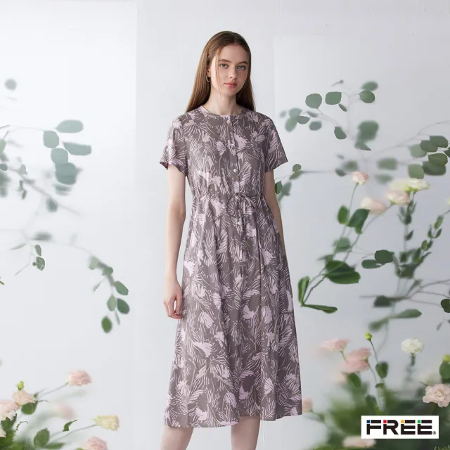 【FREE】蔓葉圖騰抽繩半開襟短袖洋裝