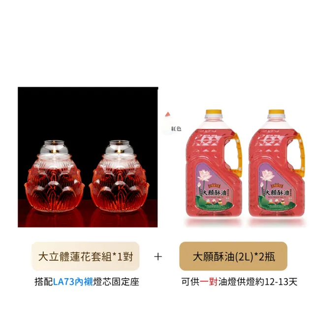 【台灣聖力達】大立體蓮花LA73防風油燈組1對・附大願酥油2瓶・點燈供佛(液態蠟燭・環保・免換燈芯)