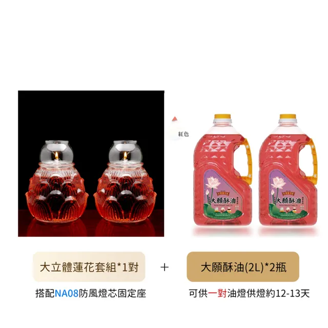 【台灣聖力達】大立體蓮花LA73防風油燈組1對・附大願酥油2瓶・點燈供佛(液態蠟燭・環保・免換燈芯)