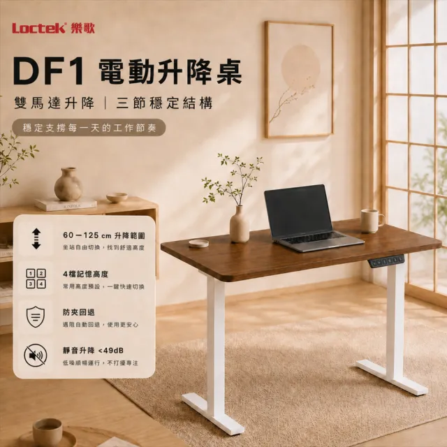 【Loctek 樂歌】DF1 電動升降桌 120*60 三段式雙馬達快充版(免費安裝/書桌/工作桌/居家辦公桌/電腦桌)