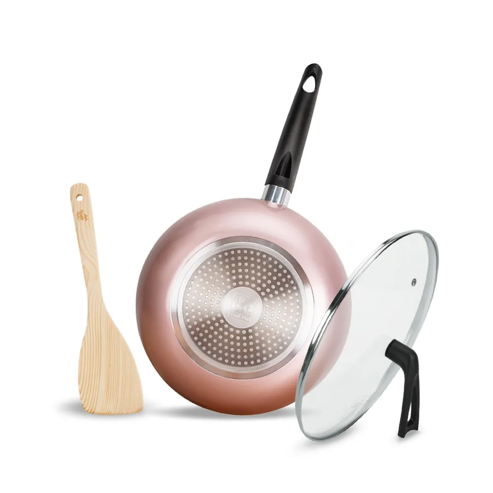 【CookPower 鍋寶】金鑽不沾覆底炒鍋三件組28cm-玫瑰金(IH電磁爐適用)