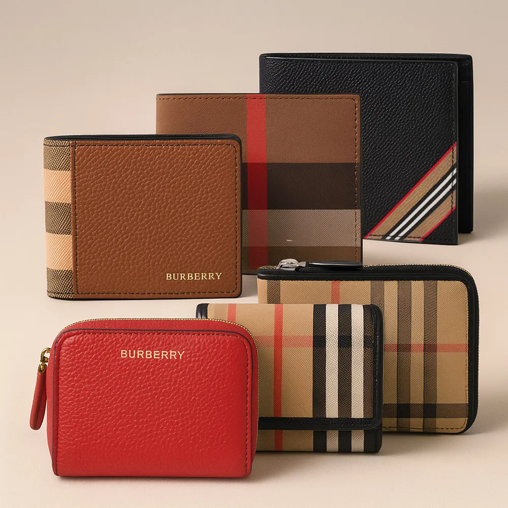 【BURBERRY 巴寶莉】經典格紋帆布/壓印LOGO牛皮拉鍊錢包短夾零錢包(顏色任選)