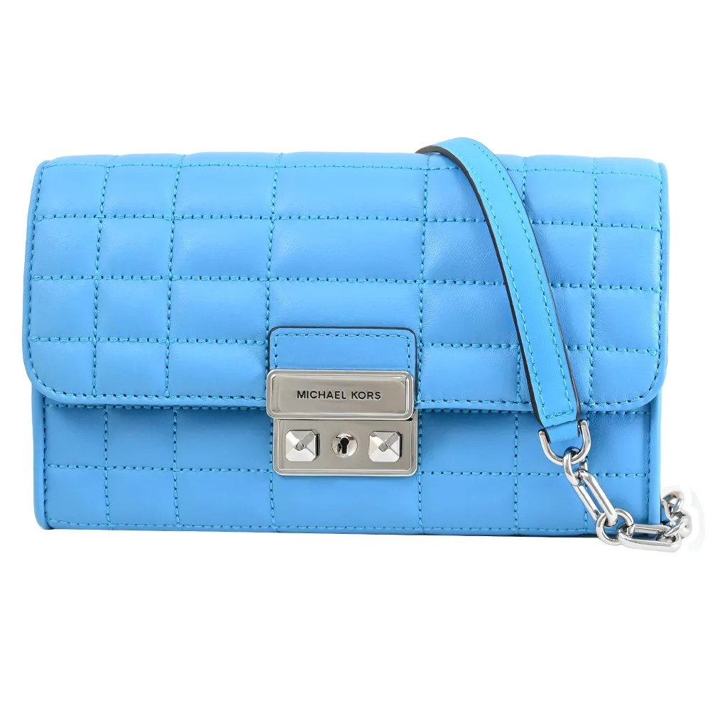 【Michael Kors】TRIBECA WOC 金屬LOGO絎縫皮革翻蓋可拆鍊條三用鍊包(水藍)