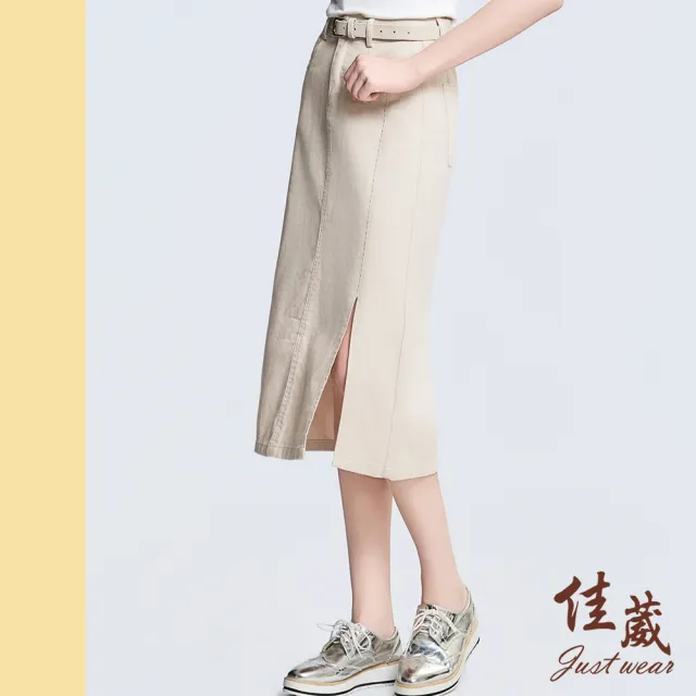 【Just Wear 佳葳】簡約開衩斜紋牛仔裙-附腰帶 2色 ( 女下身/女下著/裙子/腰頭彈性/皮帶/口袋/休閒/涼感)