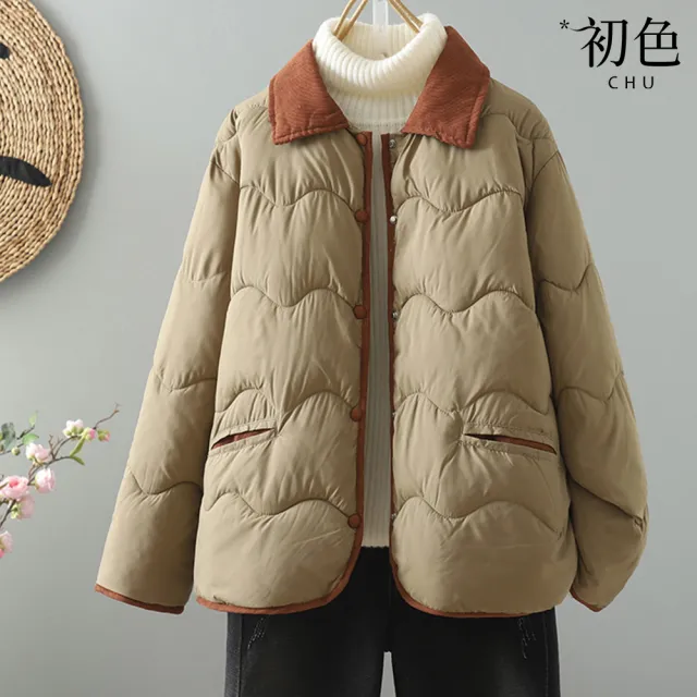 【初色】出清品 小香風韓版撞色燈芯絨領子長袖科技保暖纖維棉輕薄女外套-共3色-39162(M-XL可選/快速出貨)