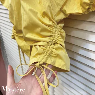 【my stere 我的時尚秘境】澎澎袖側腰抓皺綁帶襯衫 萊姆黃 抓皺襯衫 挺版襯衫 設計襯衫 縮腰襯衫 黃色襯衫