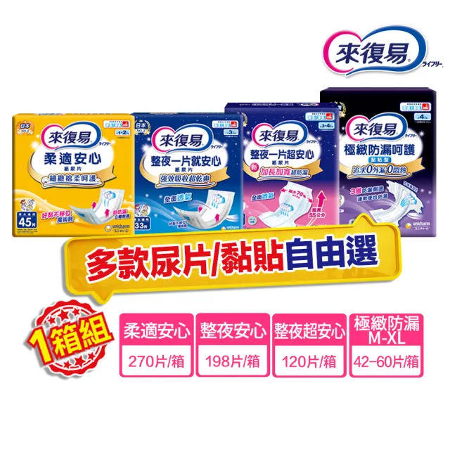 【來復易】尿片/黏貼型/成人紙尿褲(柔適安心270片/整夜一片就安心198片/超安心120片/極緻防漏42-60片)