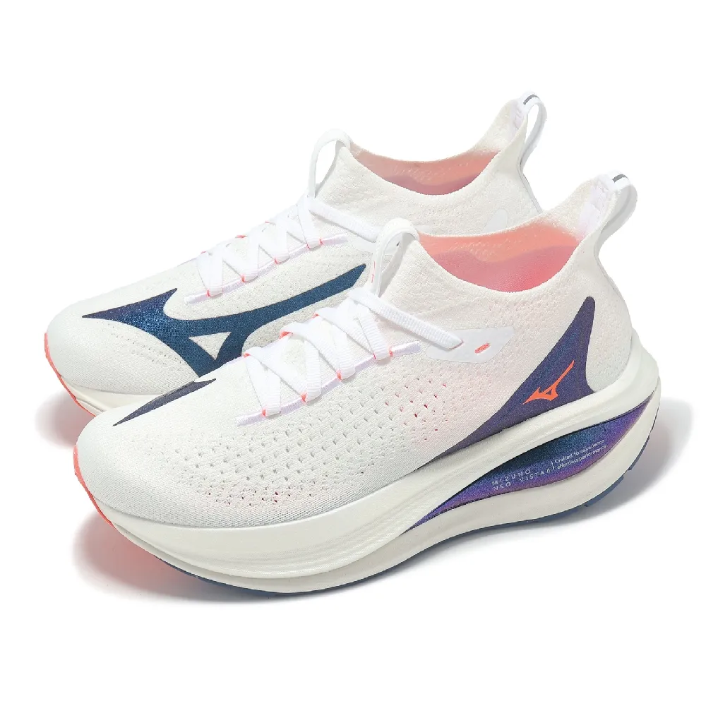 【MIZUNO 美津濃】慢跑鞋 Neo Vista 2 女鞋 白 藍 厚底 回彈 波浪片 運動鞋 美津濃(J1GD2534-21)