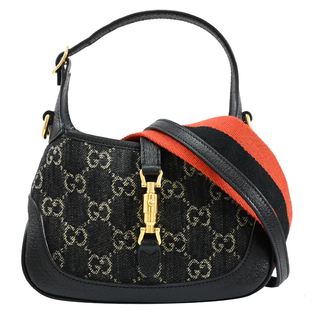 【GUCCI 古馳】Jackie 1961 經典雙G丹寧緹花馬銜釦雙背帶迷你手提包賈姬包兩用包(黑)