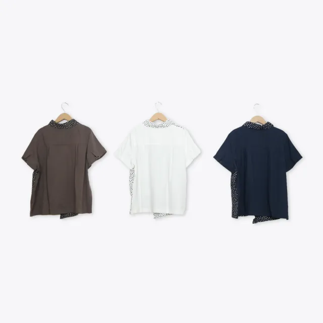【MOSS CLUB】鵝卵石印花拼接下襬不對稱開襟襯衫 藍 白 咖
