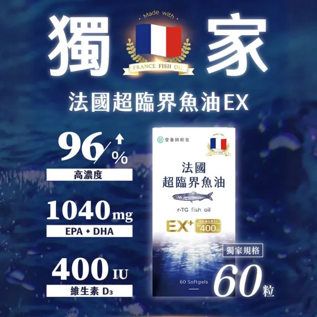 【營養師輕食】法國超臨界魚油 12入組( EX 版 一入60顆 高濃度DHA+EPA魚油 維生素D3 400IU)