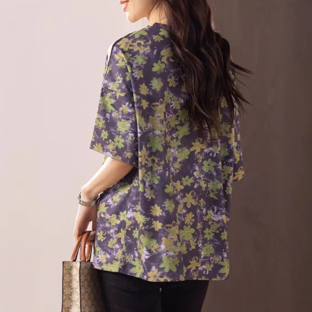 【ALLK 歐楷】新品上架 夏季女士休閒小雛菊上衣碎花短袖 紫色 尺寸L-XXL/中大尺碼/涼爽/透氣