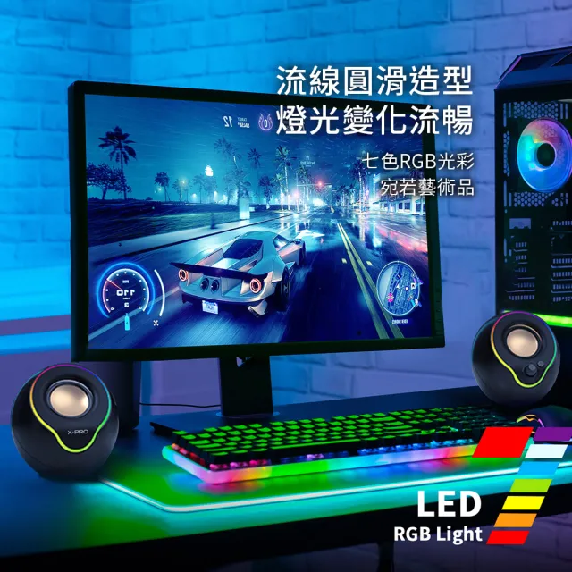 【Abee 快譯通】多媒體燈光桌上型電腦喇叭 (二件式小喇叭音箱/HiFi立體環繞音響/RGB燈效/USB供電)PC-005W