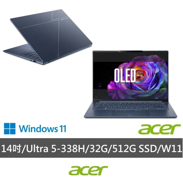 【Acer 宏碁】14吋 OLED輕薄 AI筆電-霜霧藍(Swift Go/SFG14-I71-51B4/Ultra 5-338H/32G/512G/W11)