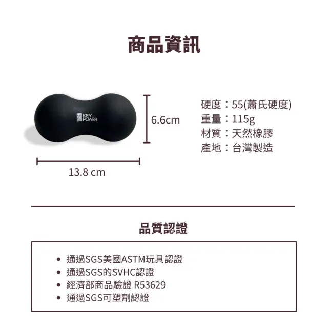 【KEY POWER 氣魄】台灣製 天然橡膠花生球｜雅黑色 附厚質網袋(筋膜球.按摩球)