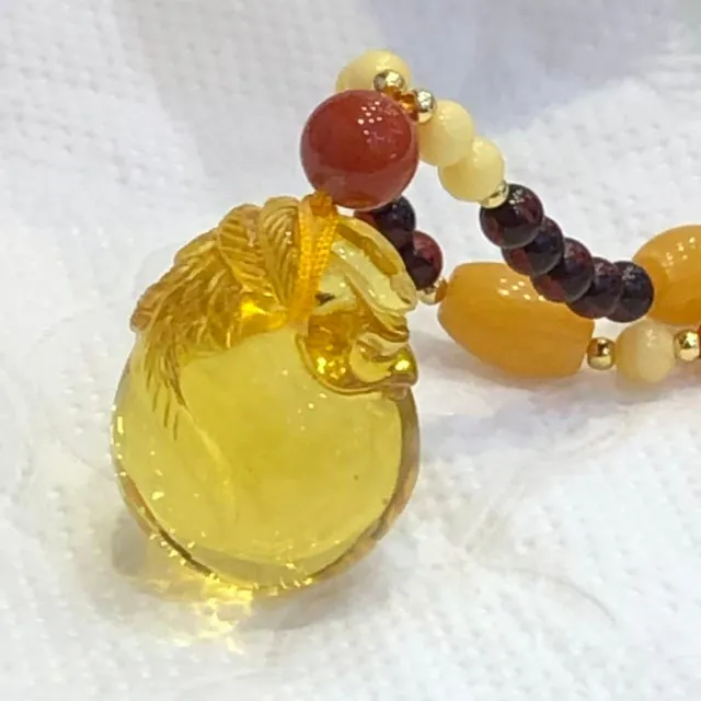 【勝弘珠寶】波羅的海金珀錢袋彩虹項鏈