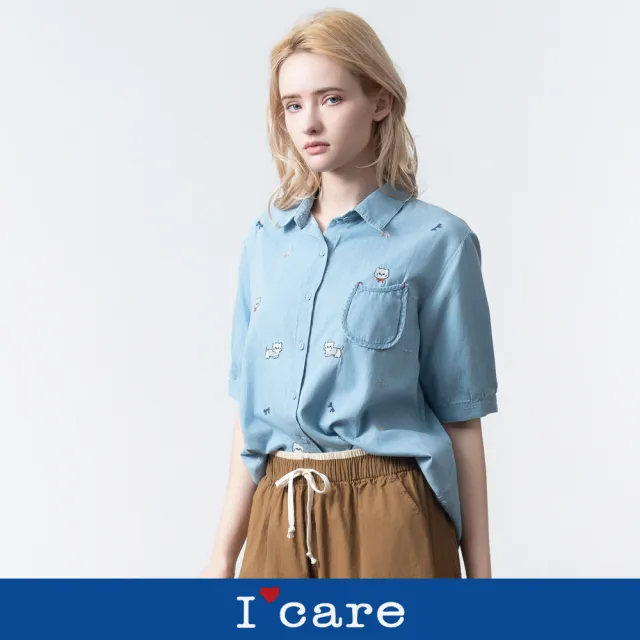 【I’Care 依卡】現貨-貓咪刺繡休閒牛仔襯衫（F）｜女休閒襯衫 休閒上衣 薄外套(607-15201)