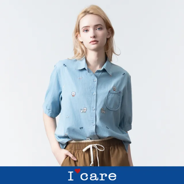 【I’Care 依卡】現貨-貓咪刺繡休閒牛仔襯衫（F）｜女休閒襯衫 休閒上衣 薄外套(607-15201)