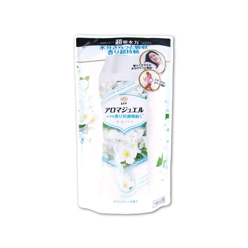 【日本P&G Lenor】衣物持久留香長效12週芳香顆粒香香豆-白茶花香白綠袋415ml/補充包(洗衣精球-5年效平輸品)