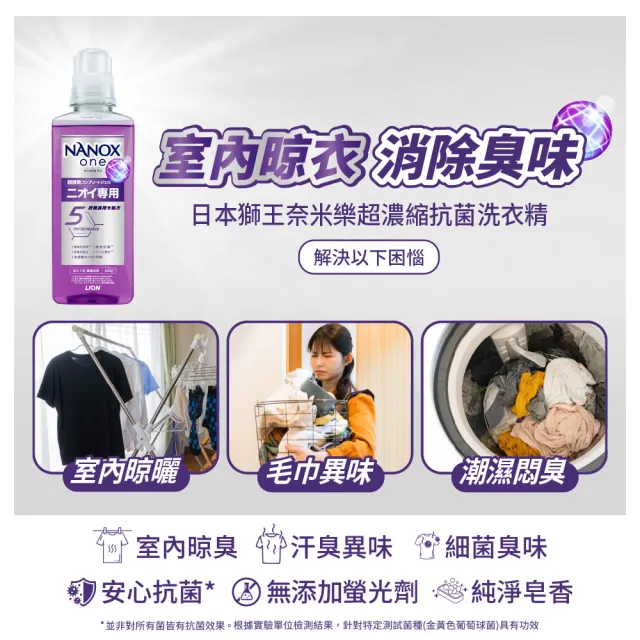 【LION 獅王】奈米樂超濃縮抗菌洗衣精補充包潔淨消臭/室內晾衣1530g(6入)