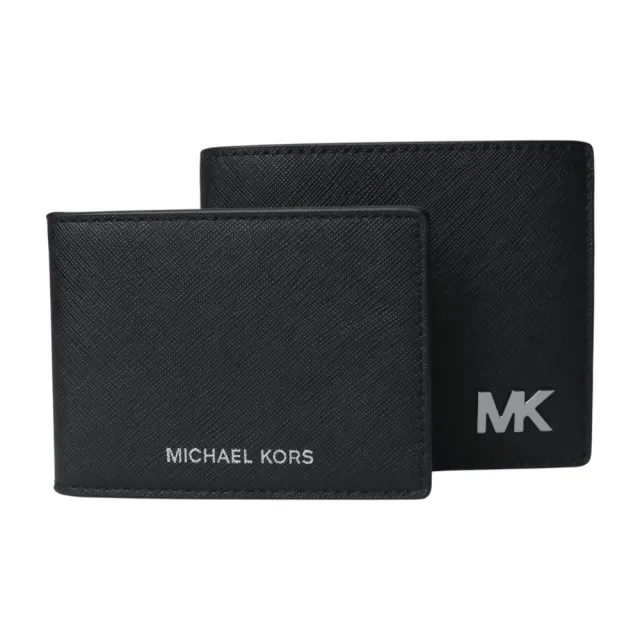 【Michael Kors】金屬MK字母防刮皮革附卡夾短夾(黑)