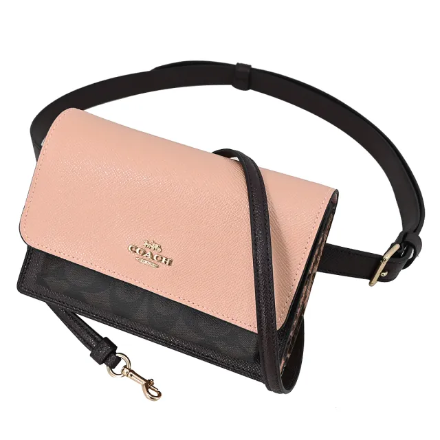 【COACH】馬車LOGO蛇紋飾邊雙背帶三用腰包斜背包(深咖/粉)