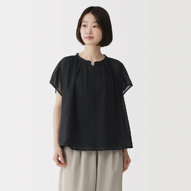 【MUJI 無印良品】女強撚透明感法式袖套衫(黑色/深綠/黑格紋/象牙白格紋)
