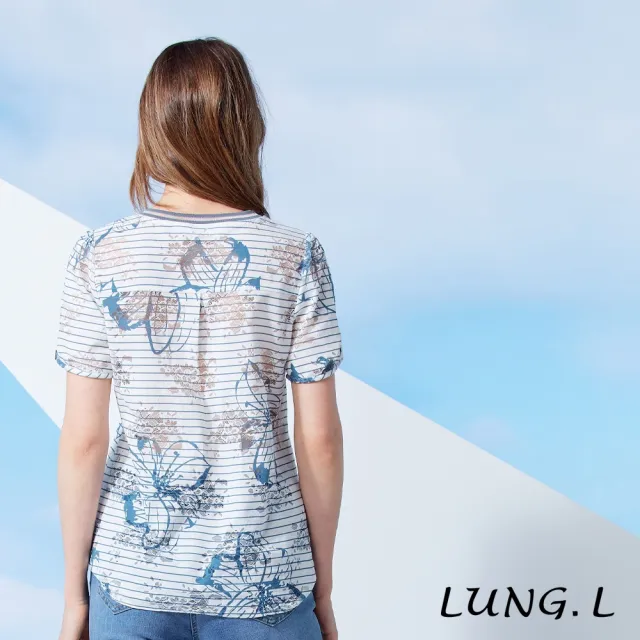 【LUNG.L 林佳樺】LW32A 藍色細條紋花卉印花蕾絲布底短袖女裝上衣