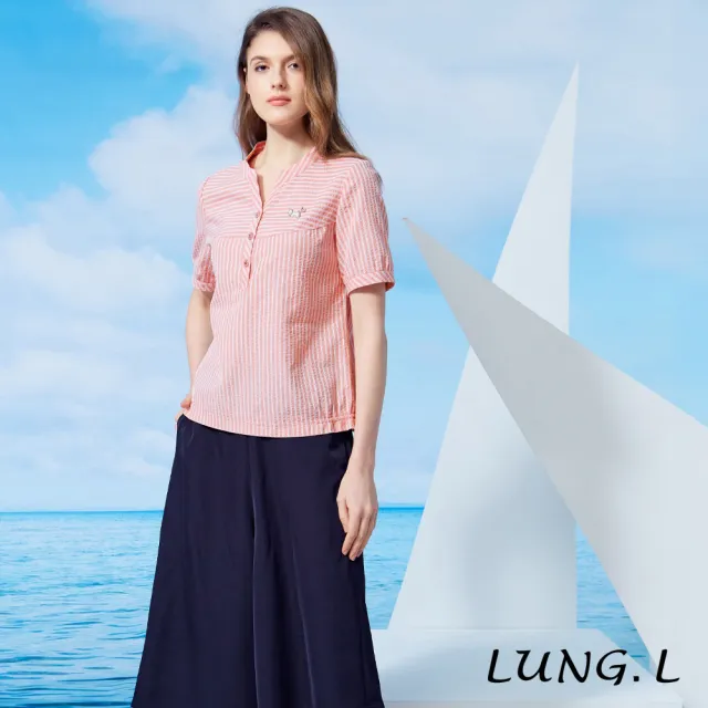 【LUNG.L 林佳樺】LW21A 粉色修身條紋小V領泡泡布短袖女裝上衣