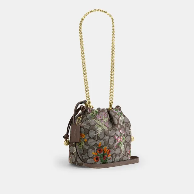 【COACH】蔻馳官方直營 FAYE 迷你花卉刺繡單肩手袋 肩背包 拉繩包(CDZ94)