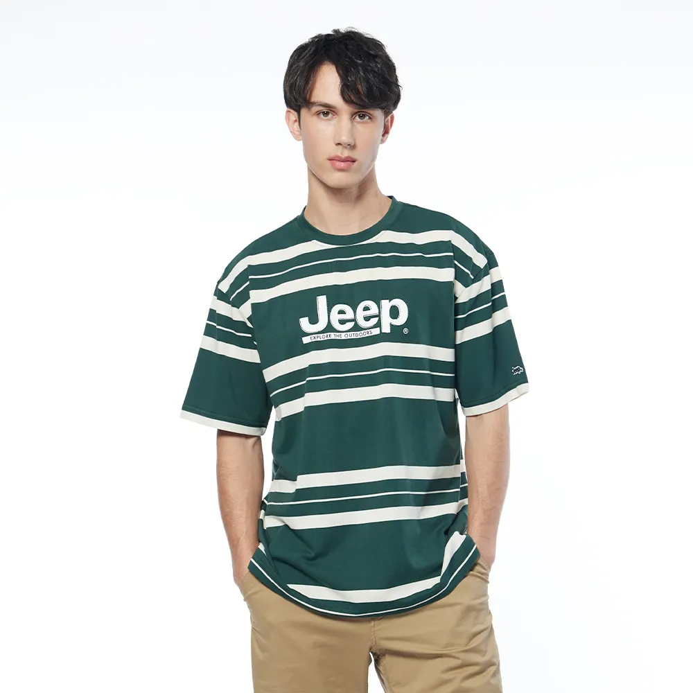 【JEEP】男裝 品牌LOGO跳色條紋短袖T恤(綠色)