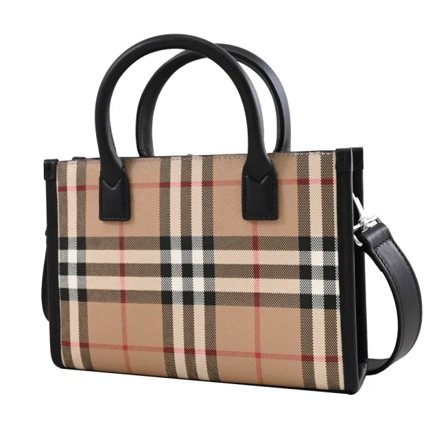 【BURBERRY 巴寶莉】英系經典格紋迷你手提包斜背包兩用包(卡其/黑邊)