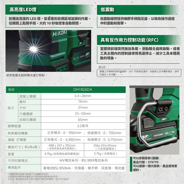 【HiKOKI】18V無刷四溝三用溝鎚鑽(附集塵器) 26mm (雙電) DH1826DA